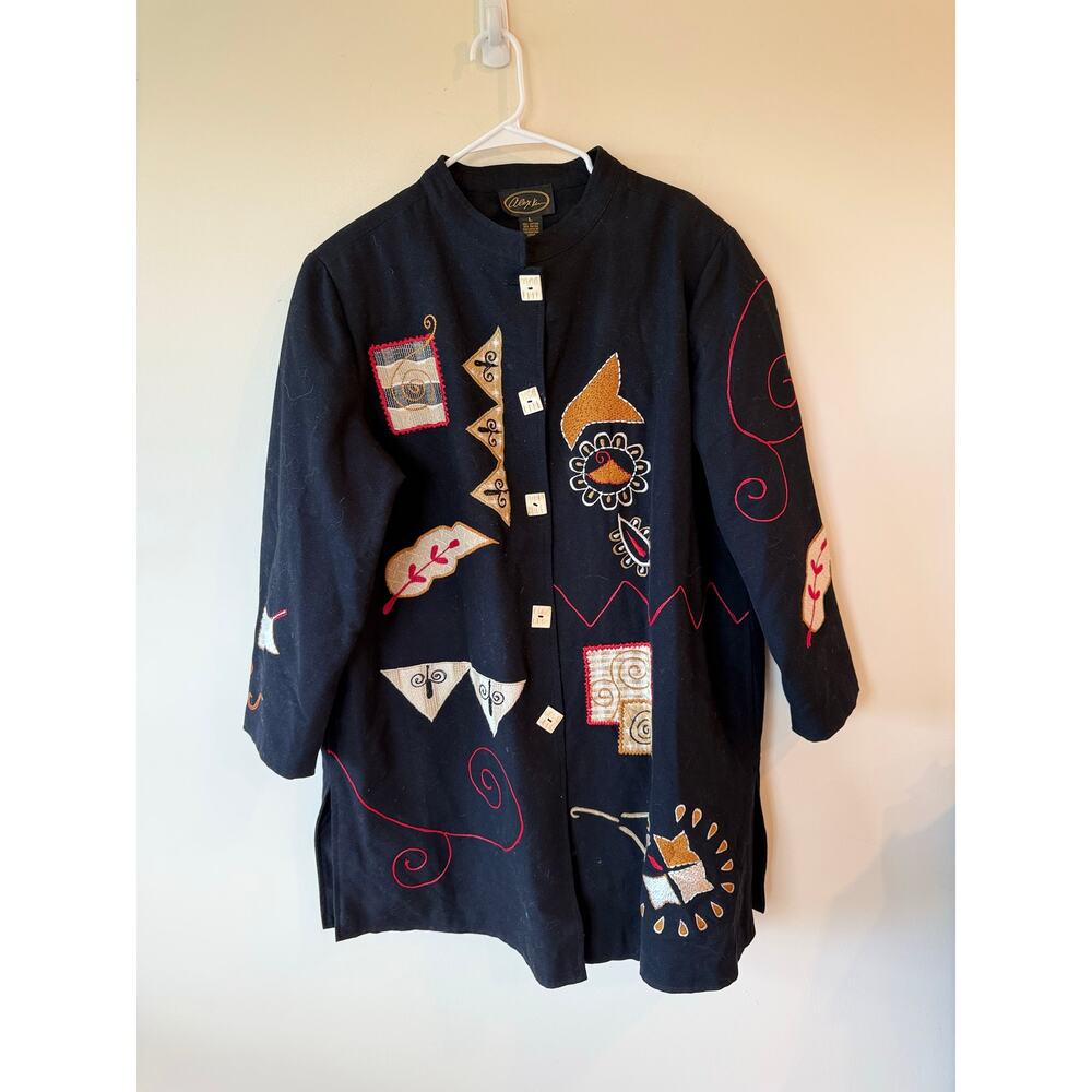 Alex Kim Black Embroidered Art to Wear Knee Length Coat Size Large